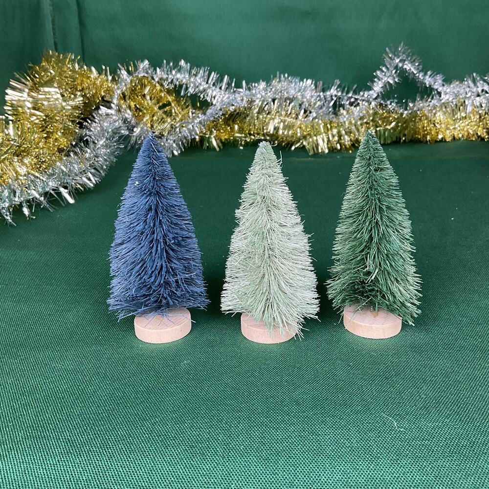 3 Mini Brush Christmas Trees Set of 3 Blue Green Cream Tiered Tray Decor